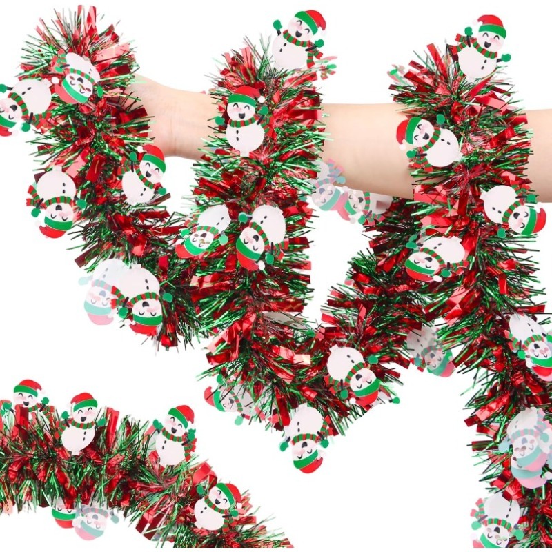 Tinsel Garland Decoration - พวงมาลัยประดับต้นคริสต์มาสสีแดงเขียว 2 เมตร พร้อมเครื่องประดับรูปตุ๊กตาหิมะ ของตกแต่งต้นคริสต์มาสแบบเมทัลลิก สำหรับตกแต่งภายในและภายนอก