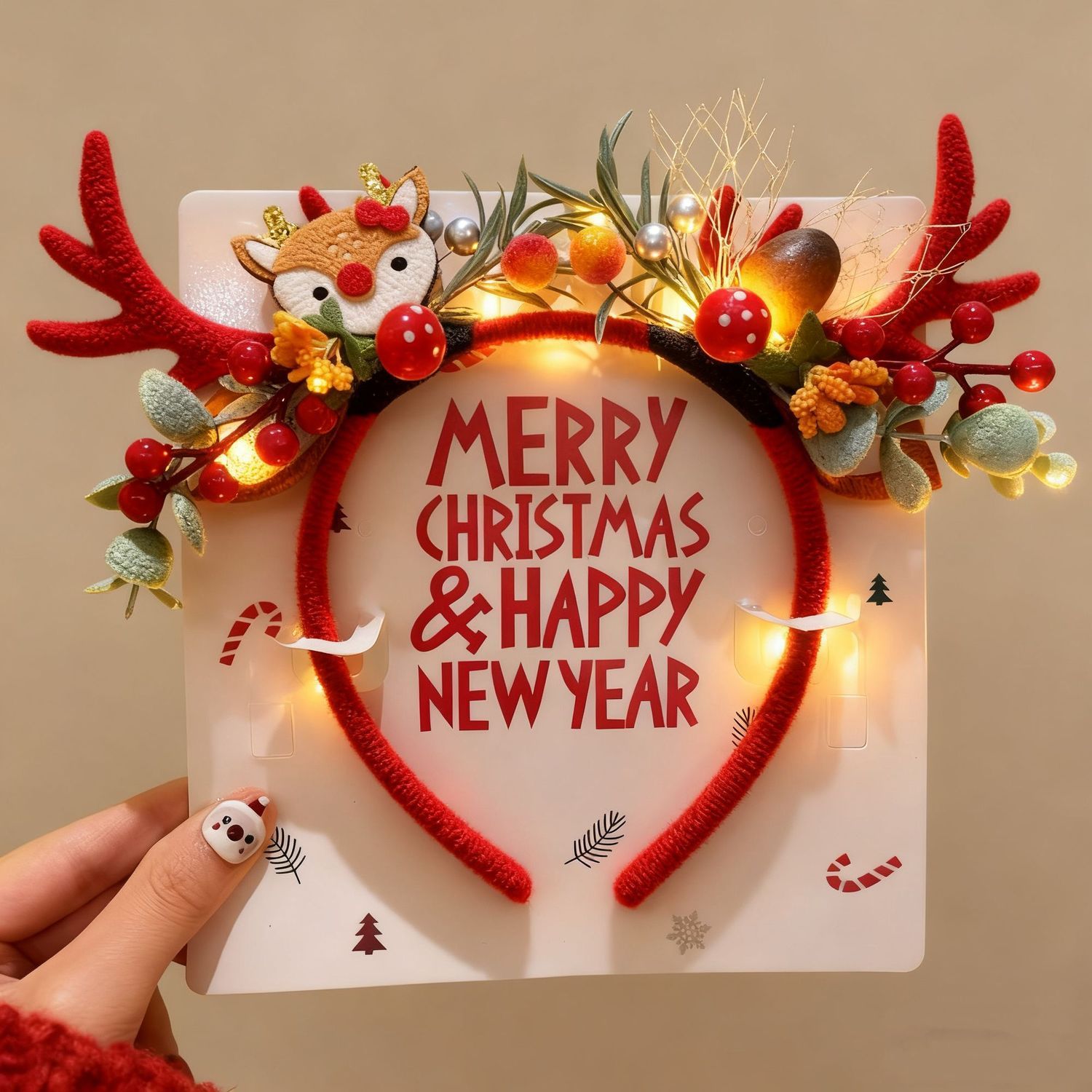 Reindeer Antlers Headband - ที่คาดผมกวางเรนเดียร์คริสต์มาสพร้อมไฟ LED สีแดง ขนนุ่ม ตกแต่งด้วยเบอร์รี่และเห็ด สำหรับผู้หญิงและเด็กในงานปาร์ตี้วันหยุด