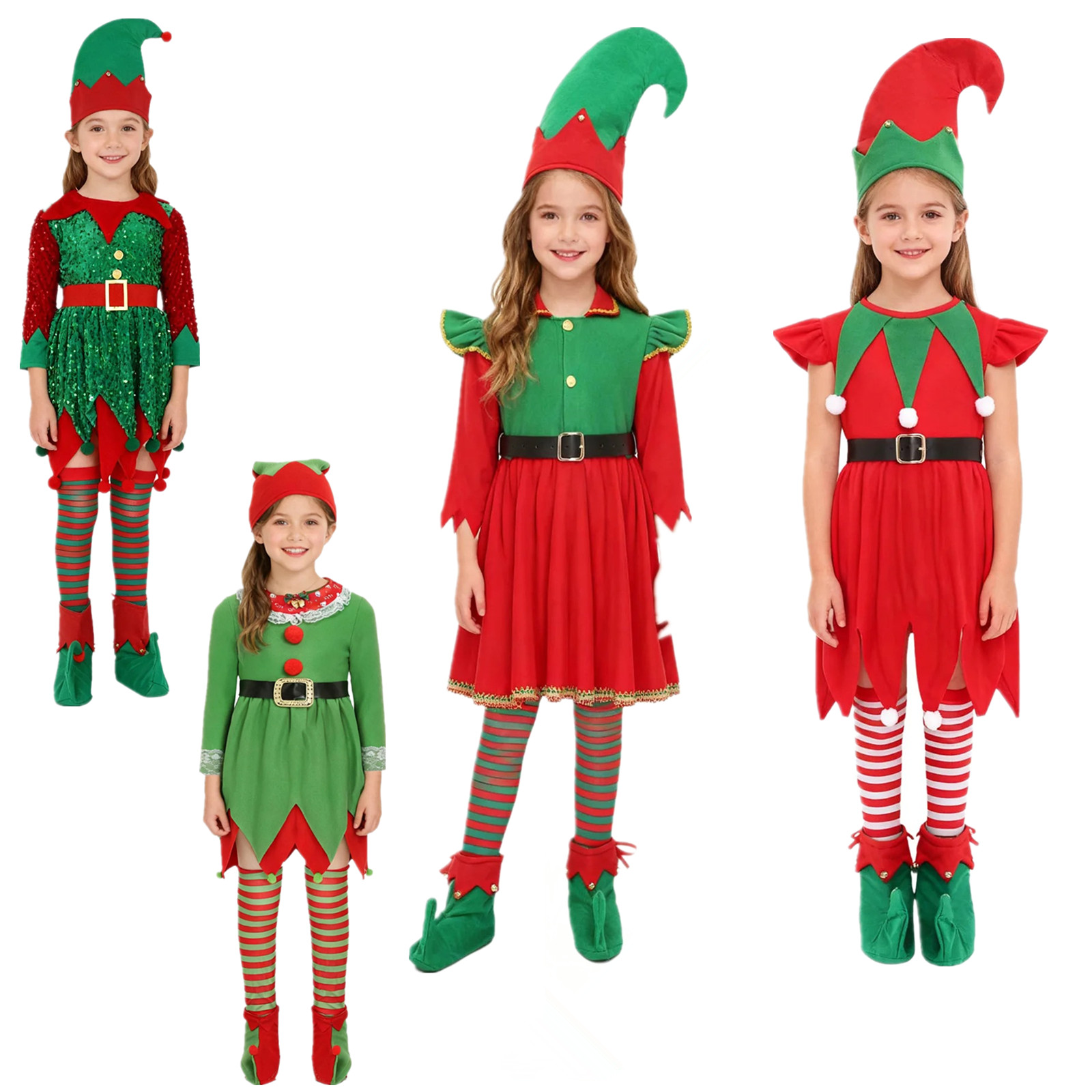 Elf Costume Christmas - ชุดเอลฟ์สาวสำหรับคริสต์มาส ชุดช่วยงานซานตาคลอส ชุดเอลฟ์พร้อมเข็มขัด ถุงเท้ายาว หมวก รองเท้าคลุม