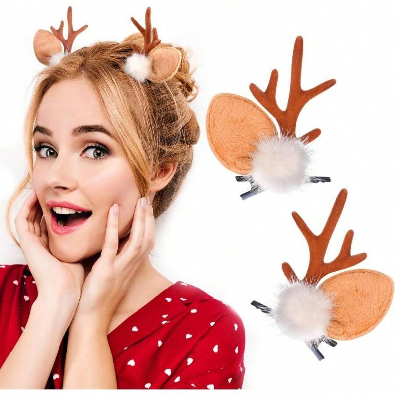 Reindeer Antlers Headband - กิ๊บติดผมเขากวางเรนเดียร์คริสต์มาส 2 ชิ้น ที่คาดผมเขากวางน่ารัก กิ๊บติดผมหูกวาง เครื่องประดับผมคริสต์มาส